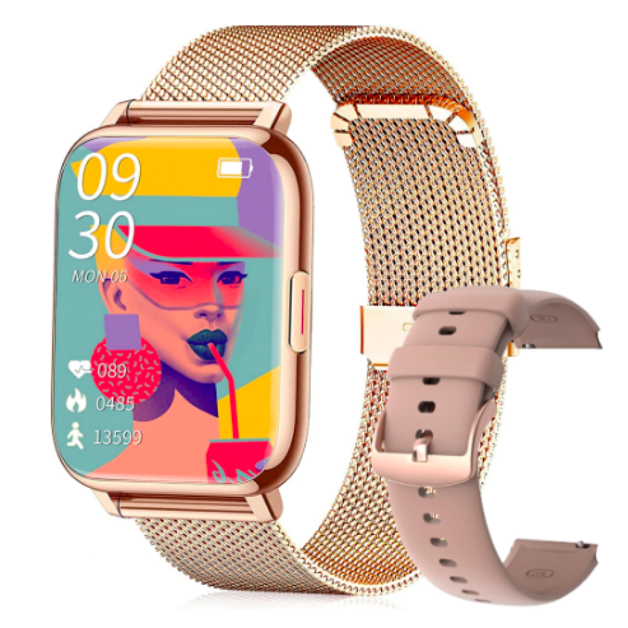 Ceas Smartwatch ViBE™ WATCH Apel Bluetooth HD, 1.69” Borderless Intens Vision Fluid Touch, 24/7 Smart Asistent Fitness Tracker, Music Playback, DIY Dial, Monitorizare Ritm Cardiac, Somn, SpO2, Curea Metalică și Silicon Lunar Gold Edition