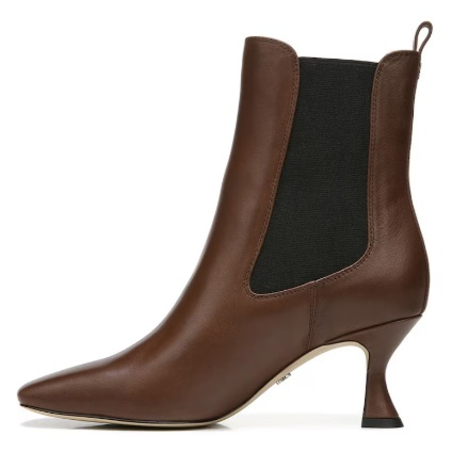 Botine Sam Edelman maro elegant, din piele, cu vârf ascuțit și inserții de material textil 