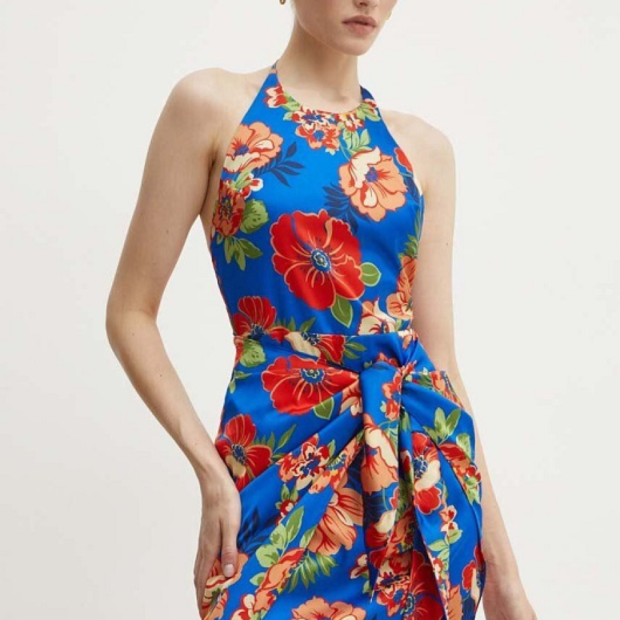 Rochie albastră mini din colecția Guess cu imprimeu floral și spatele gol, realizată din material satin 