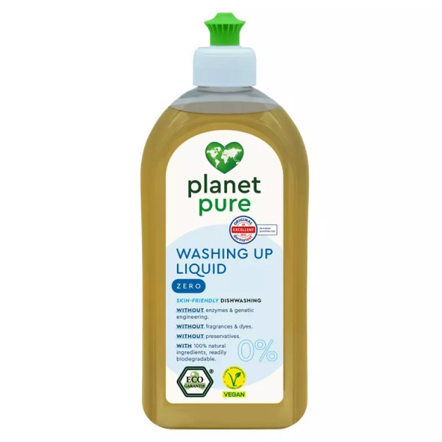 Detergent bio pentru vase Planet Pure, 500 ml, creat special pentru persoanele cu alergii sau cu pielea sensibilă. Fără enzime și fără ingrediente obținute prin inginerie genetică, fără parfum, fără conservanți