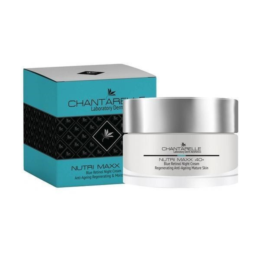 Crema de noapte Chantarelle Nutri Maxx Blue Retinol cu retinol albastru pentru energizarea, regenerarea și repararea pielii tenului matur. Netezește pielea, o hrănește și reduce ridurile