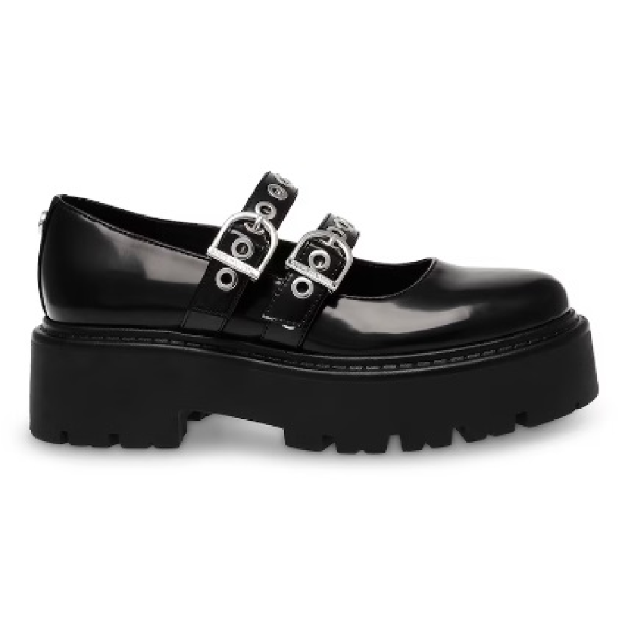 Pantofi Mary Jane de piele ecologică cu talpă uniformă, grunge, și detalii metalice argintii pe barete 