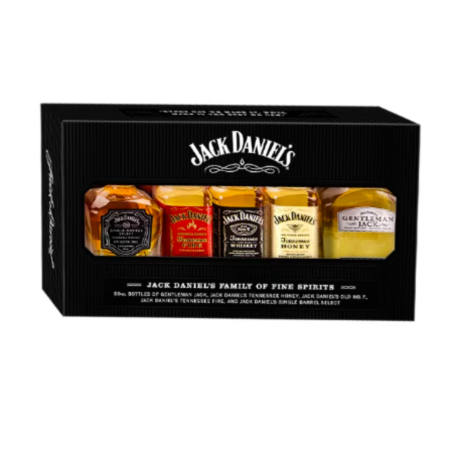 Pachet Jack Drink's Family cu 5 sticle, Jack Daniel’s Gentleman, Jack Daniel’s Honey, Jack Daniel’s whiskey, Jack Daniel’s Fire si Jack Daniel’s Single