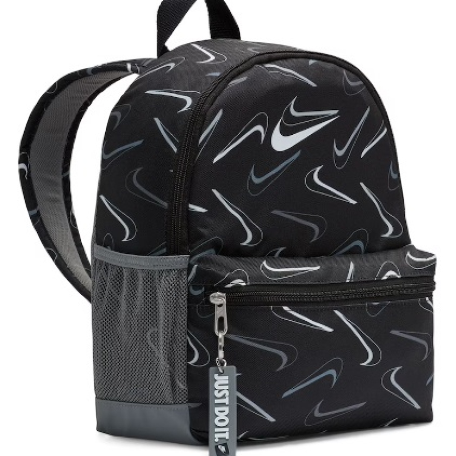 Rucsac Nike negru din material textil cu model logo, buzunar lateral și un compartiment cu fermoar