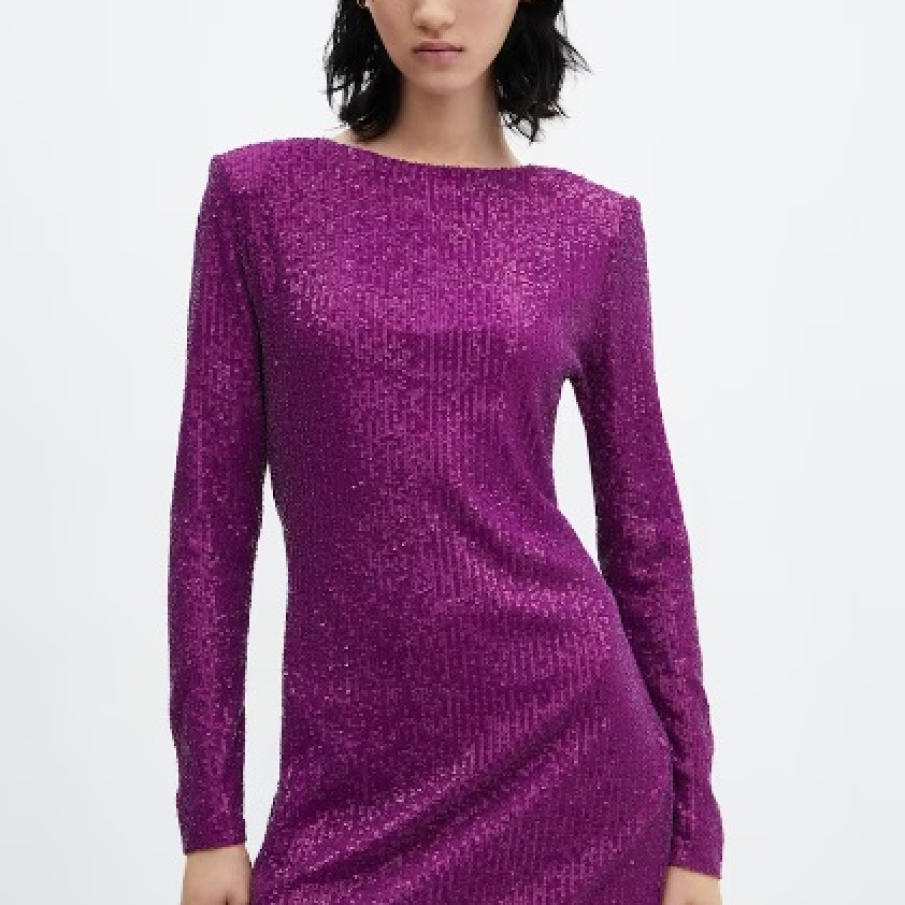 Rochie mini violet, elegantă, cu mâneci lungi și paiete de la Mango 