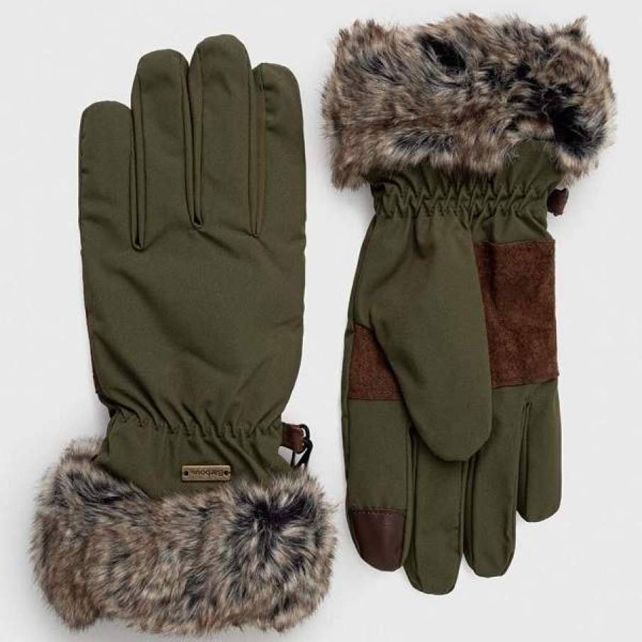 Mănuși verde militar din colecția Barbour, confecționate dintr-o combinație de piele întoarsă și material textil