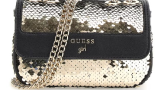 Geantă neagră crossbody de la Guess cu paiete reversibile, aurii, și bretea tip lanț cu zale, auriu metalic