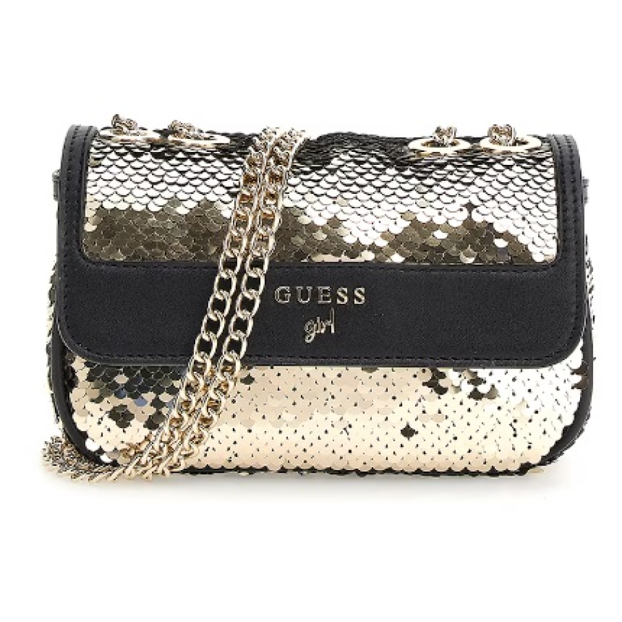 Geantă neagră crossbody de la Guess cu paiete reversibile, aurii, și bretea tip lanț cu zale, auriu metalic