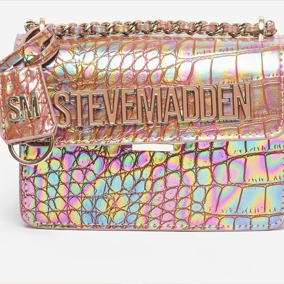 Geantă crossbody Steve Madden din piele ecologică, cu clapă, cu reflexe multicolore strălucitoare și logo-ul brandului inscripționat 