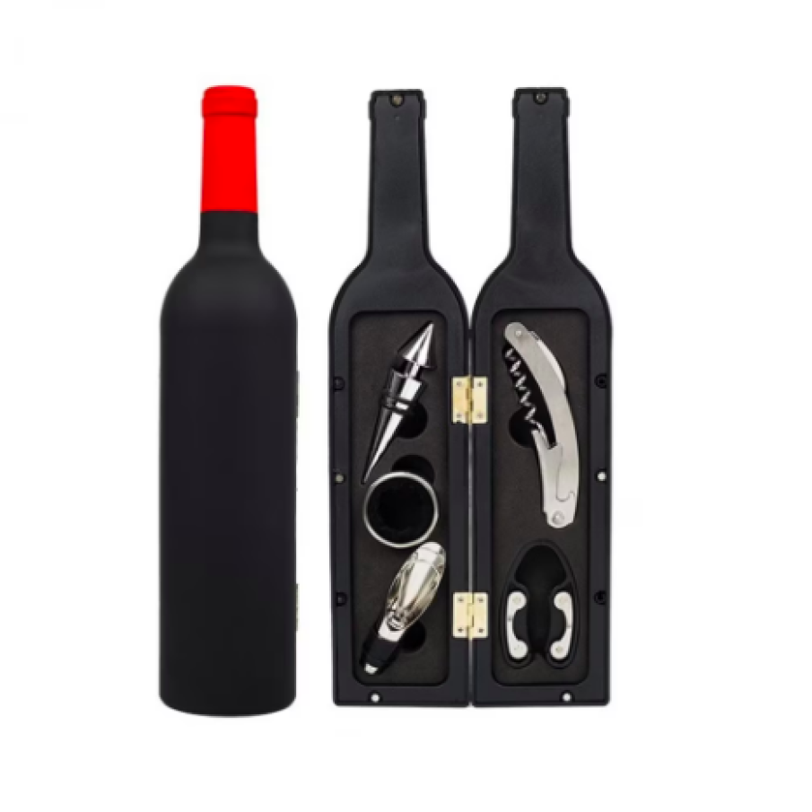 Set cadou pentru vin, TopGearWorld, 5 Piese, Negru/Argintiu