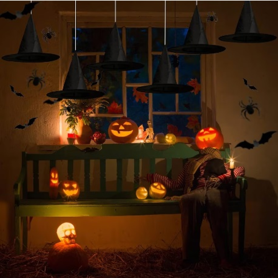 Set de 57 de decorațiuni de Halloween pentru interior cu 6 pălării de vrăjitoare, frânghie de agățat, 4 de bucăți de autocolante 3D de păianjen și 24 de bucăți de autocolante 3D de lilieci