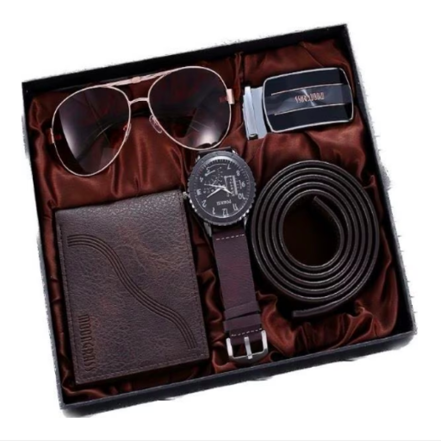 Set Portofel Cadou Pentru Bărbați, 4 Piese, Cu Portofel, Ceas Cu Quartz, Curea Cu Cataramă, Ochelari De Soare, Business-Casual, Dark Brown, MeK Fine