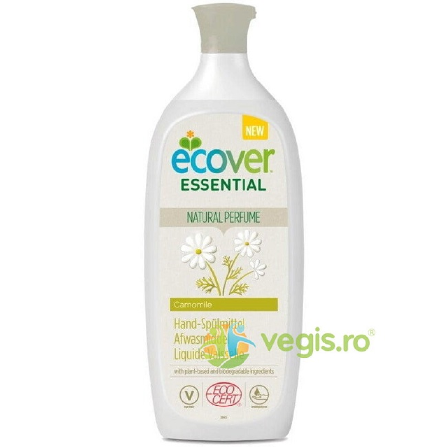 Detergent Lichid Pentru Vase cu Mușețel Ecologic, 1 L, de la  ECOVER. Este produs pe bază de plante și ingrediente biodegradabile și este certificat de către ECOCERT GREENLIFE, după standardele ECOCERT