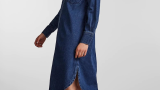 Rochie-cămașă lejeră Pieces, din denim, în nuanță de albastru marin închis 