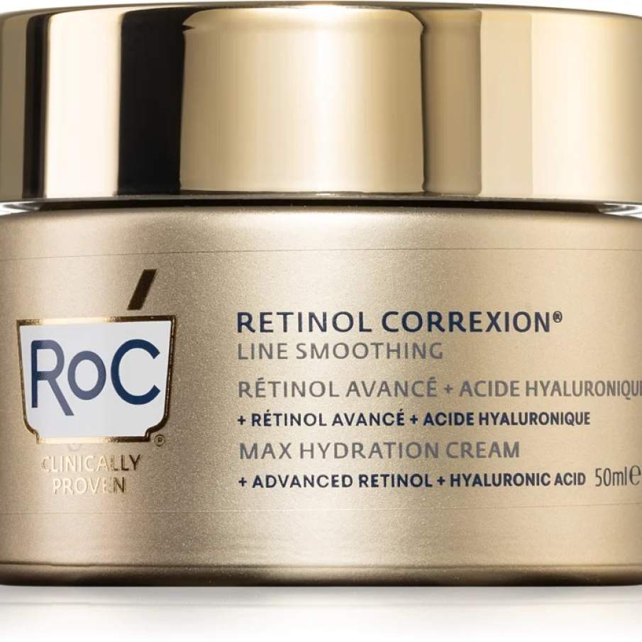 Crema hidratantă  RoC Retinol Correxion Line Smoothing cu acid hialuronic și retinol, un derivat al vitaminei A. Reduce vizibil ridurile și asigură pielii un aspect mai tineresc și mai ferm 