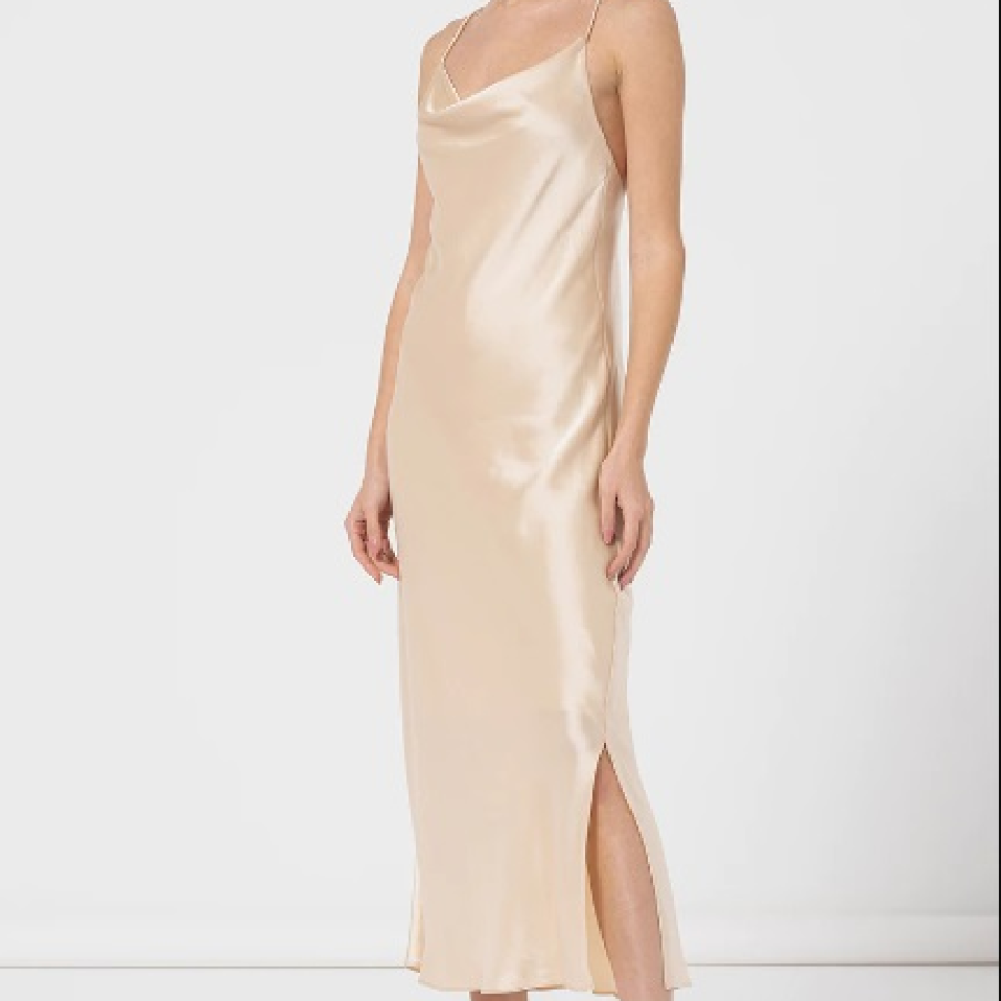 Rochie-furou nude by CALVIN KLEIN, lungă, cu aspect de satin, decolteu drapat și crăpătură pe un picior 