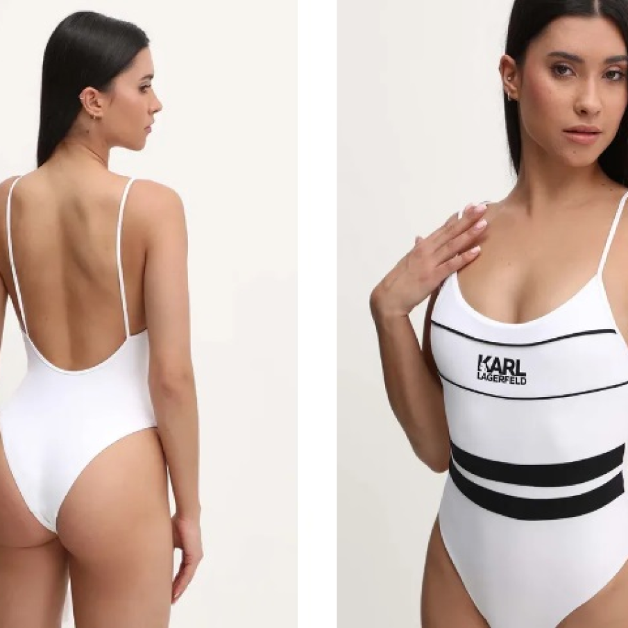 Costum de baie simplu, de inspirație retro, în alb&negru, semnat Karl Lagerfeld. Este confecționat din material elastic