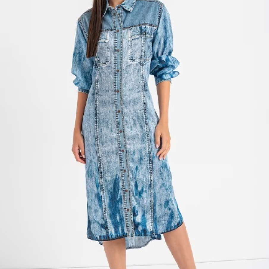 Rochie midi din denim Diesel cu aspect spălăcit și deschis la culoare și mâneci până la nivelul cotului 