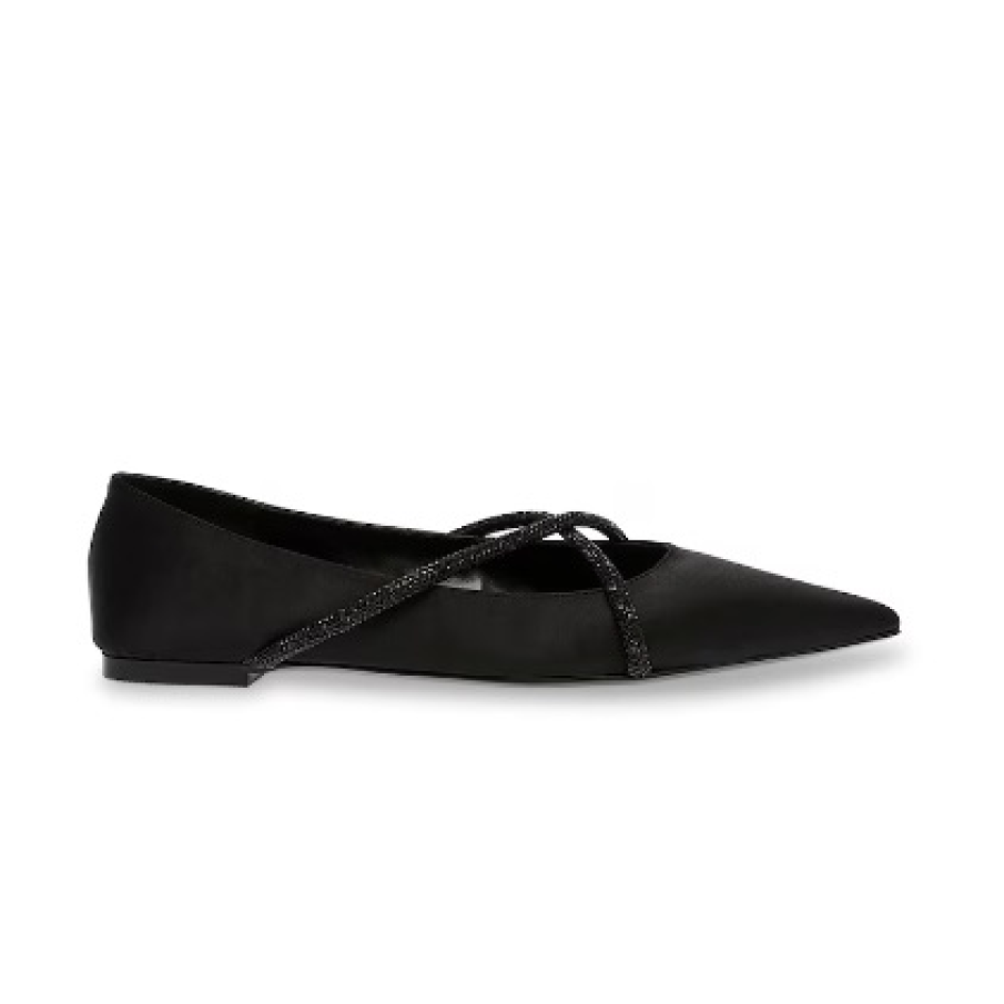 Balerini negri de satin by Steve Madden cu bretele încrucișate, decorate cu ștrasuri 