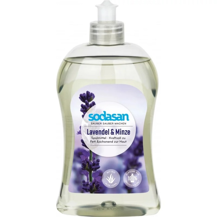 Detergentul lichid de vase natural cu lavandă și mentă Sodasan, 500 ml, curată vasele puternic, este economic și deosebit de blând cu pielea.