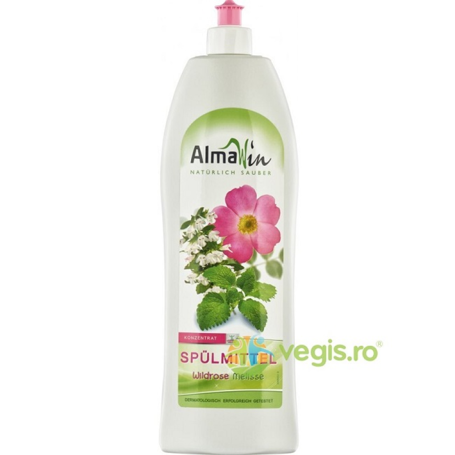 Detergent de Vase cu Trandafir Sălbatic și Melissa Ecologic/Bio, de la ALMAWIN. Detergentul lichid AlmaWin cu trandafir curăță vasele într-un mod natural puternic, îndepărtează fără efort grăsimea și murdăria