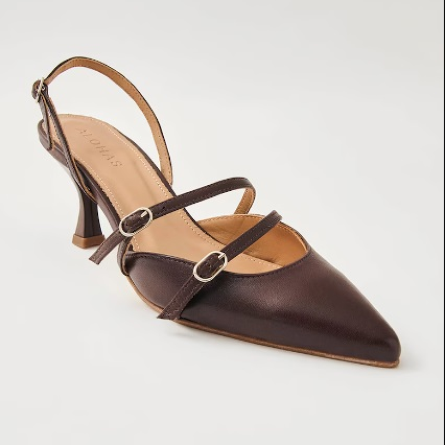 Pantofi slingback de piele în nuanță de maro cognac, cu toc kitten și barete cu catarame 