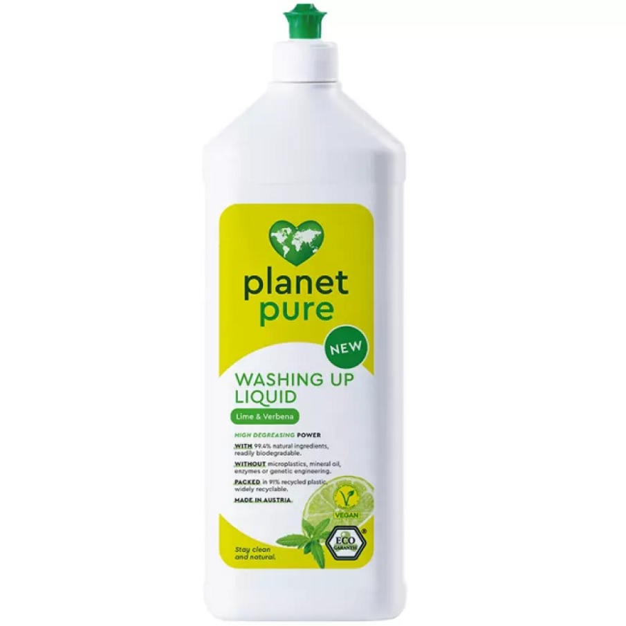 Detergent bio pentru vase  cu lime și verbena. Nu conține microplastic, ulei mineral, enzime sau ingrediente obținute prin inginerie genetică.