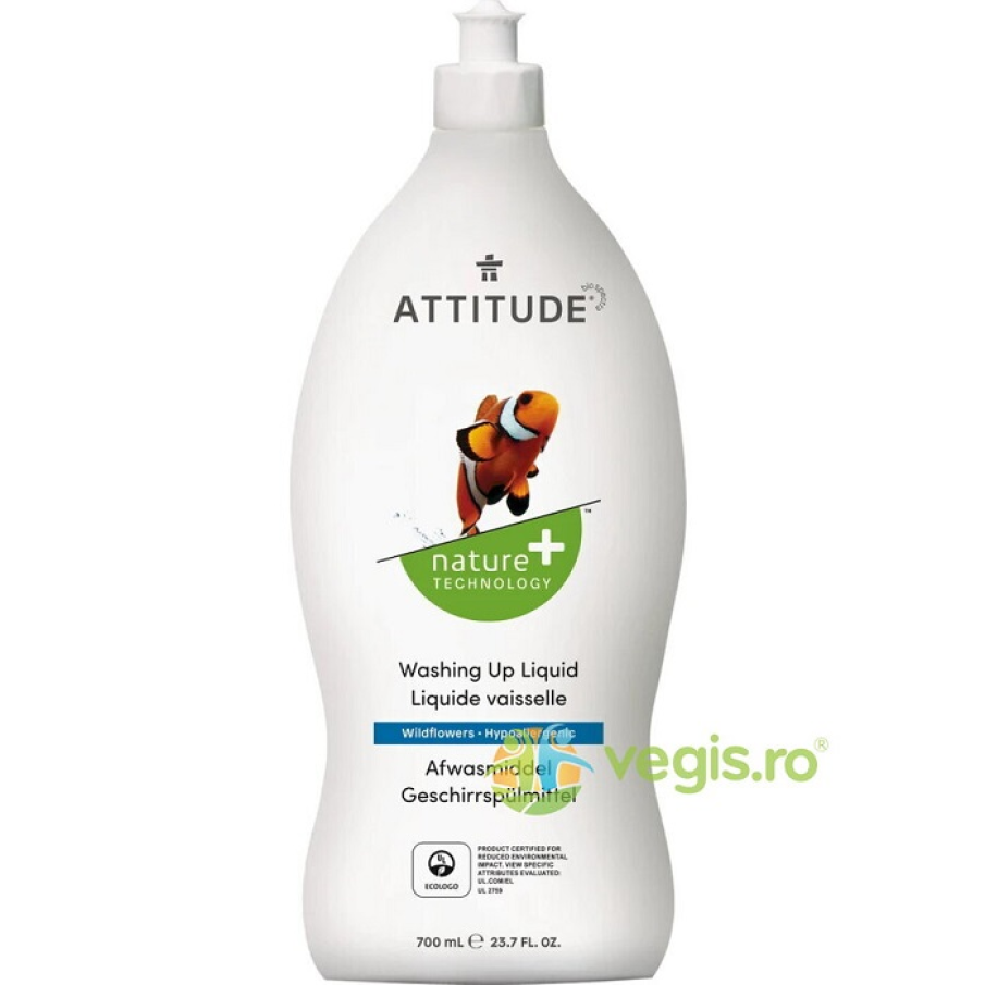 Lichid de Spălat Vase cu Flori de Câmp  de la ATTITUDE, cu o formulă unică făcută cu agenți de curățare antibacterieni precum saponină, ingrediente naturale, vegetale și hipoalergenice