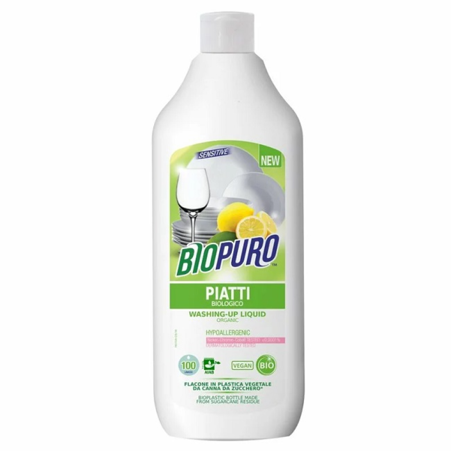 Detergent hipoalergen pentru vase, bio, de la Biopuro. Este certificat ecologic, vegan, nu conține parfum sau coloranți sintetici, parabeni, EDTA, derivate petrochimice